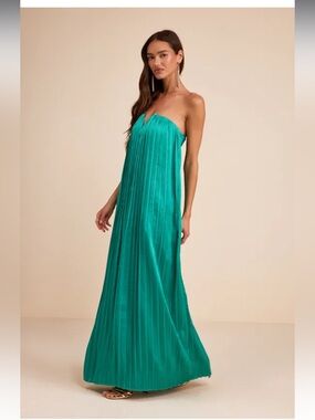 NWT Lulus Celandine Teal Green‎ Pleated Strapless Swing Maxi Dress Size Large